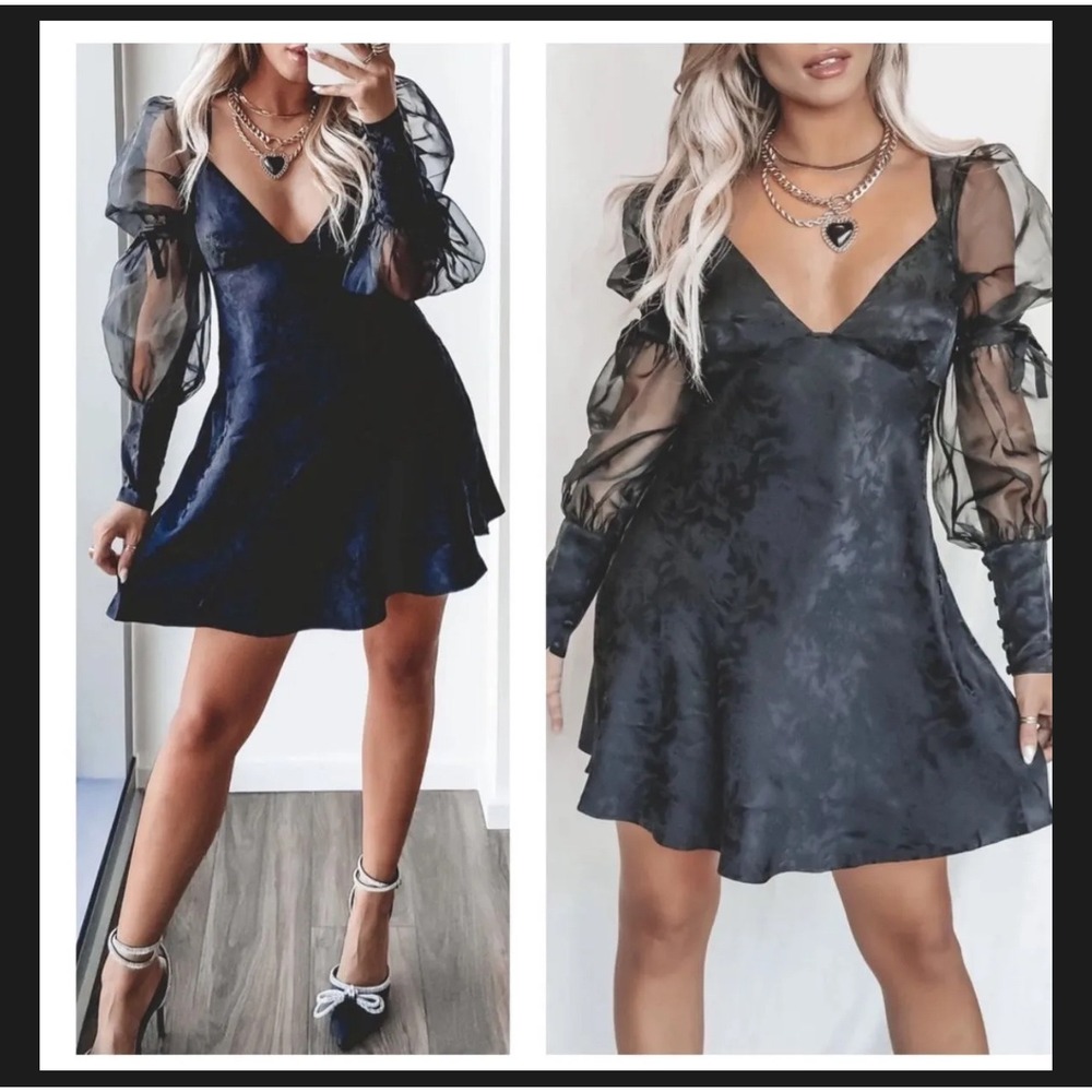For‎ Love & Lemons Revolve Black Gabrielle Puff Sleeve Mini Dress Sheer Sleeve L